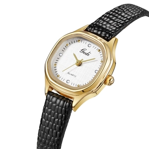 Elegant gold octagonal quartz watch with black crocodile-embossed leather strap