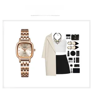 Montre à quartz carrée en or rose avec bracelet métallique et accessoires de mode chic