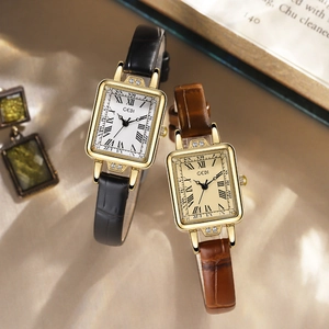Retro square ladies watch with gold casing, Roman numerals and leather straps