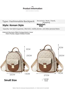 Detailed size comparison chart for large and small fashion PVC backpacks in classic print