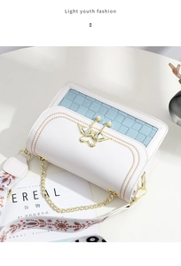 Détail du sac à chaîne bicolore avec fermoir papillon doré et accents de perles