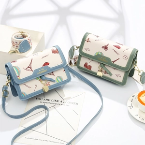 Eiffel Tower print PU leather small crossbody bags with embroidered shoulder straps