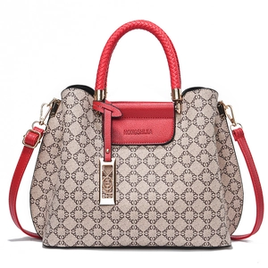 Classic beige large capacity handbag with red handles and patterned design for women