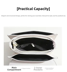 Vue intérieure du sac matelassé avec plusieurs compartiments et une poche zippée
