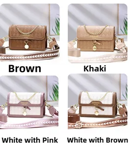 Quilted crossbody bags in four colors featuring chain handles and patterned wide straps