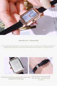 Detail view of the stainless steel back cover and black leather strap of this square watch