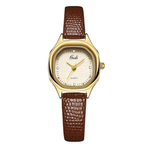 Elegant Gedi ladies quartz watch with gold case and brown crocodile embossed strap