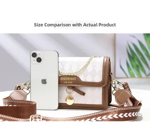Detailed size comparison of a quilted crossbody bag next to an iPhone for scale