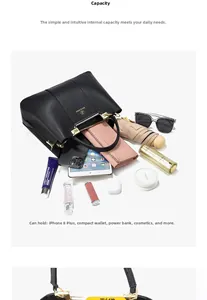 Interior view showing the large capacity of the black leather handbag with daily essentials