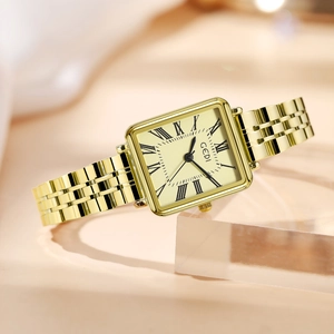 Elegant gold square quartz watch with Roman numerals and three-link metal bracelet band