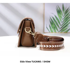 Side view of TUCANO quilted shoulder bag showing multiple accordion compartments and strap