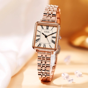 Retro square rose gold stainless steel watch for women with Roman numerals and cream dial