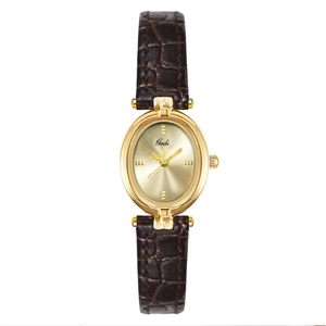 Vintage gold oval quartz watch for women with a brown leather strap by Gedi brand