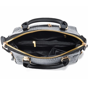 Top view of black crocodile pattern tote bag showing spacious multi-compartment interior