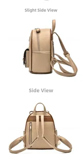 Vue détaillée du sac à dos en similicuir beige avec poche antivol et bretelles réglables