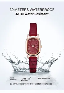 Dettaglio macro dell'orologio impermeabile con cinturino rosso e cassa ovale oro rosa
