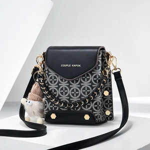 Women Crossbody Bag PU Leather Geometric Print Shoulder Handbag With Chain Strap Rivets And Plush Doll Pendant Fashionable Urban Style