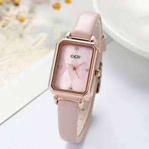 Elegante orologio quadrato da donna oro rosa con cinturino in pelle rosa e quadrante diamante