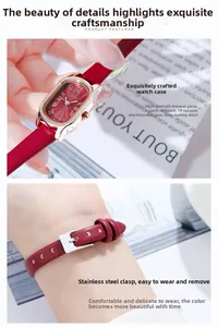Dettaglio dell'orologio al quarzo ovale oro rosa con cinturino in pelle rossa e quadrante