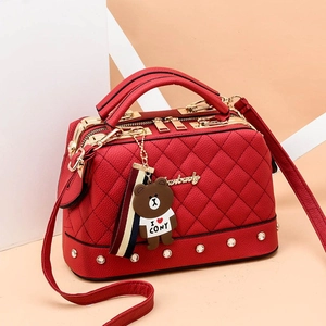 Boston Handbag PU Leather Quilted Rhombic Pattern Metal Studs Zipper Closure Top Handle Shoulder Bag Women Chic