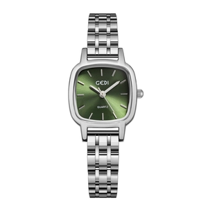 Montre GEDI élégante pour femme avec cadran carré vert foncé et bracelet en acier argenté