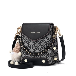 Women Mini Crossbody Phone Bag Fashion PU Leather Geometric Print Square Bag With Plush Charm Metal Chain Small Shoulder Bag