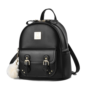 Fashionable black PU leather mini backpack with golden hardware and plush ball charm