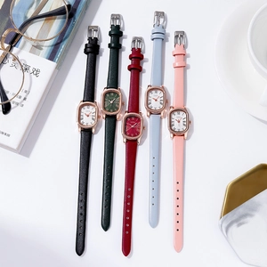 Vintage oval quartz watches for women with colorful leather straps and rose gold cases