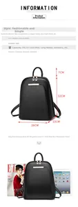 Detailed spec sheet of black PU leather backpack showing dimensions and large capacity storage