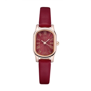 Retro oval quartz watch for women with burgundy leather strap and rose gold case