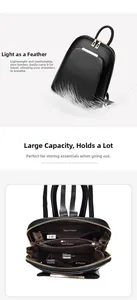 Multi-compartment storage detail of a lightweight black synthetic leather backpack
