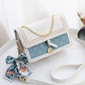 Women Crossbody Bag PU Leather Patchwork Woven Texture Small Square Shoulder Bag With Chain Strap Satin Scarf Pendant
