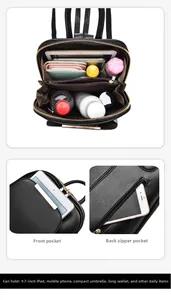 Detail view of black leather backpack showing interior capacity and back anti-theft zipper pocket