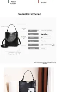 Detailed size specifications and interior features for the black crocodile texture bucket bag