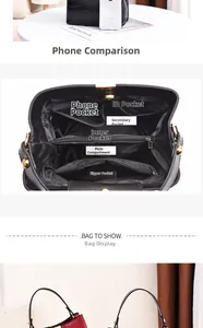 Detail of black faux crocodile skin handbag showing its internal pockets and smartphone size