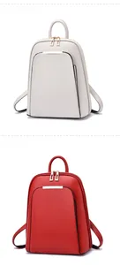 Vertical display showing beige and red PU leather backpacks with metal bars