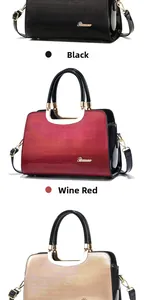 Detailed view of glossy textured patent leather handbags in black, burgundy and gold tones