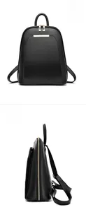 Front and side view of minimalist black synthetic leather backpack with gold zippers