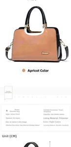 Detail of beige glossy PU handbag showing texture, brand logo, and metal chain buckle