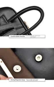 Detail of reinforced round handle and secure magnetic snap on black leather backpack