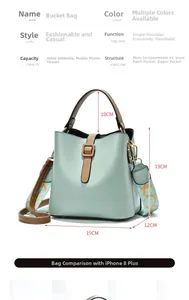 Tableau des tailles détaillé pour sac seau vert menthe avec dimensions et capacité