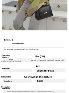 Graphique détaillé montrant les dimensions et fonctions du sac à main en cuir PU noir