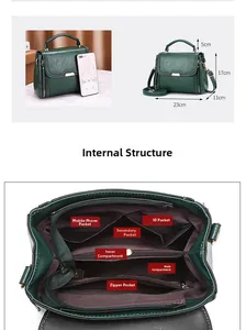 Détails du sac à main vert montrant les dimensions 23x11x17cm et les compartiments internes