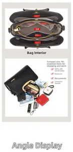 Detail view of large capacity black patent leather handbag with multi-pocket internal storage