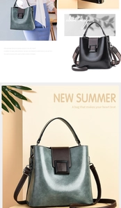 Detail of dark green bucket bag with polished PU leather and flip square buckle