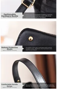 Detail shots of black crocodile embossed bucket bag with gold hardware and bottom rivets