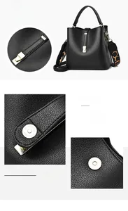 Detail of black pebbled leather bucket bag featuring gold hardware and magnetic closures