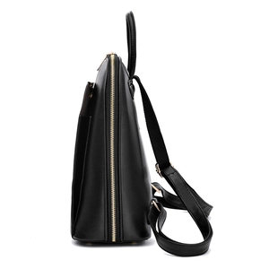 Minimalist black faux leather backpack for women with gold zippers and large capacity