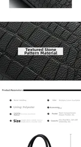 Close-up of black stone pattern fabric and detailed product specifications for handbag