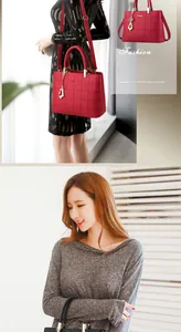 Detail view of red and black quilted tote bags with elegant pearl charms for women